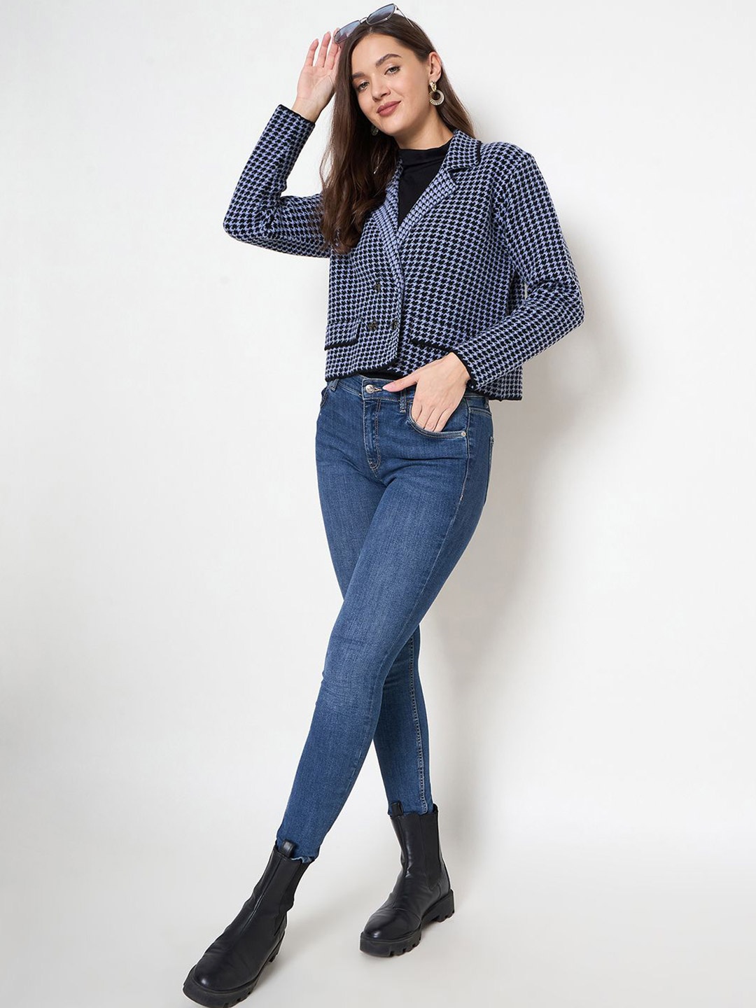 

Zigo Women Checked Crop Cardigan, Blue