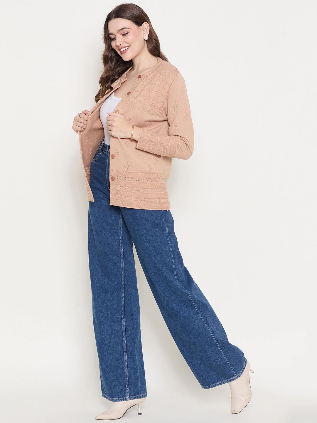 

Zigo Women Self Design Cardigan, Camel brown