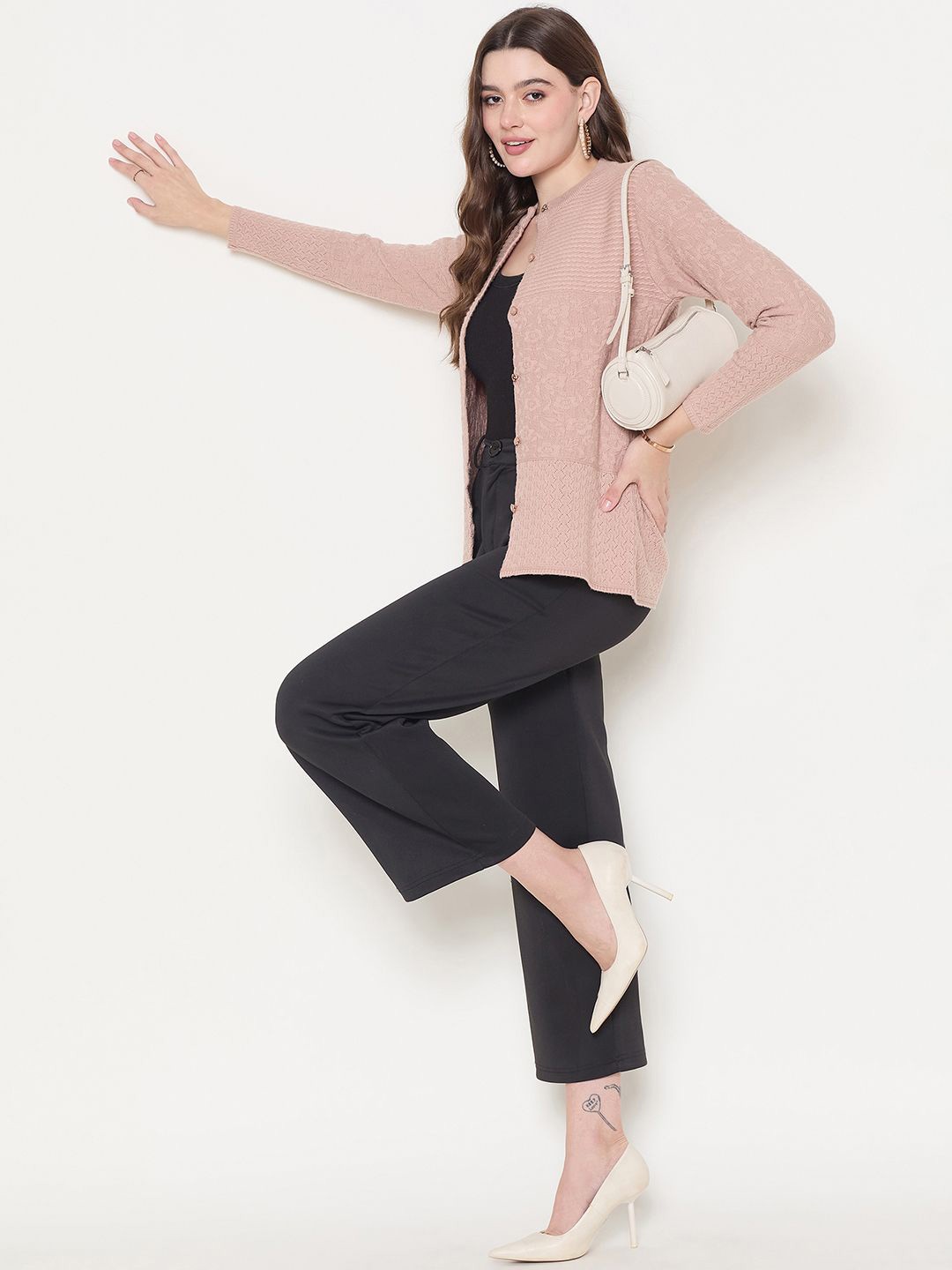 

Zigo Women Self Design Cardigan, Mauve