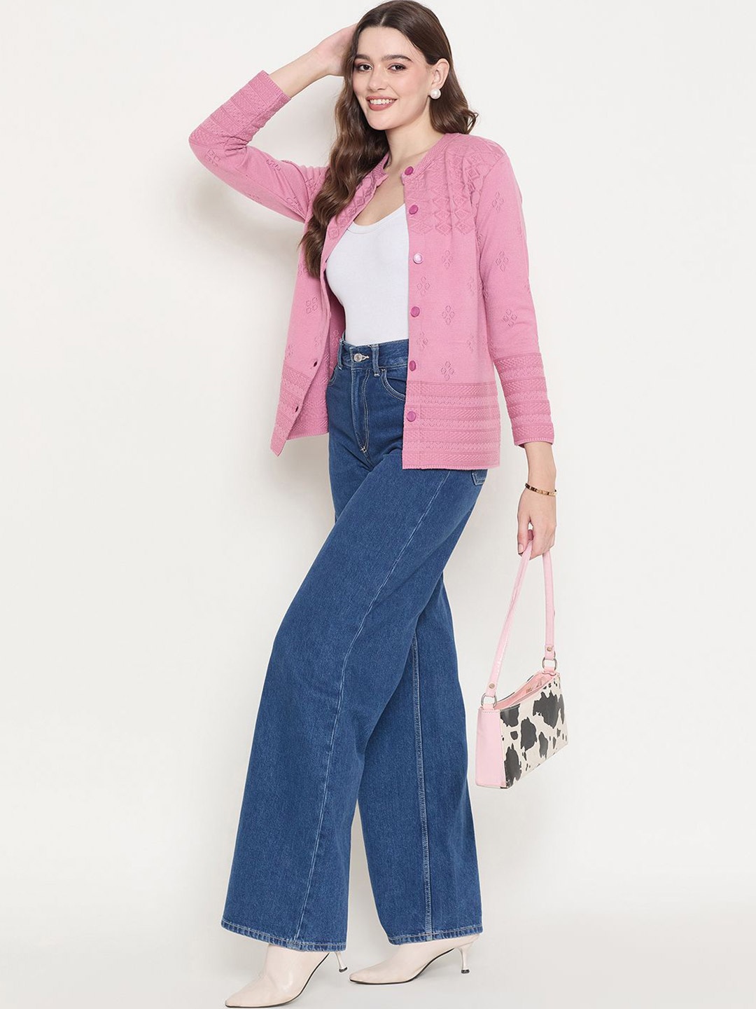 

Zigo Women Self Design Cardigan, Pink