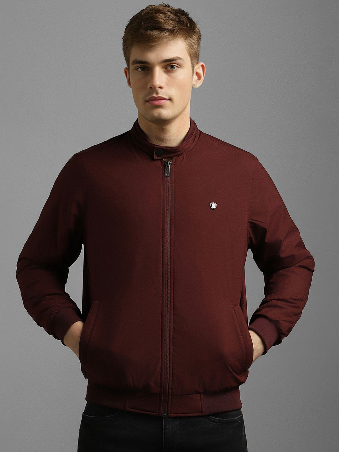 

Louis Philippe Men Mandarin Collar Self Design Casual Bomber Jacket, Maroon