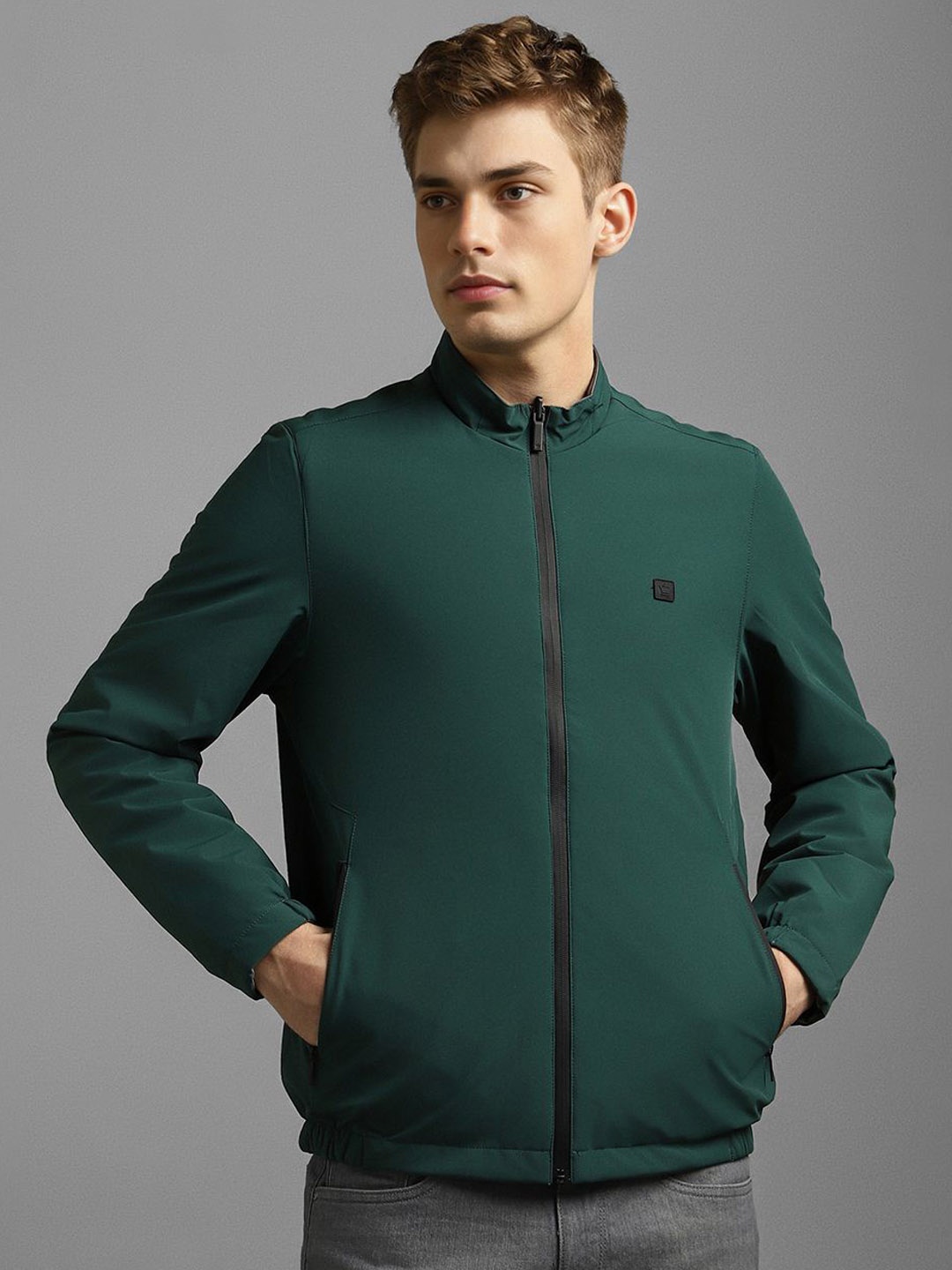 

Louis Philippe Men Mock Collar Solid Cotton Casual Bomber Jacket, Teal