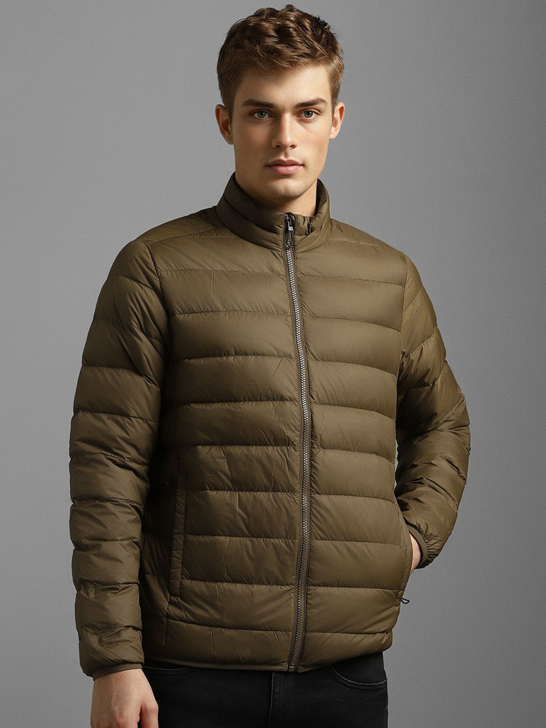 

Louis Philippe Sport Men Puffer Stand Collar Cotton Casual Jacket, Olive