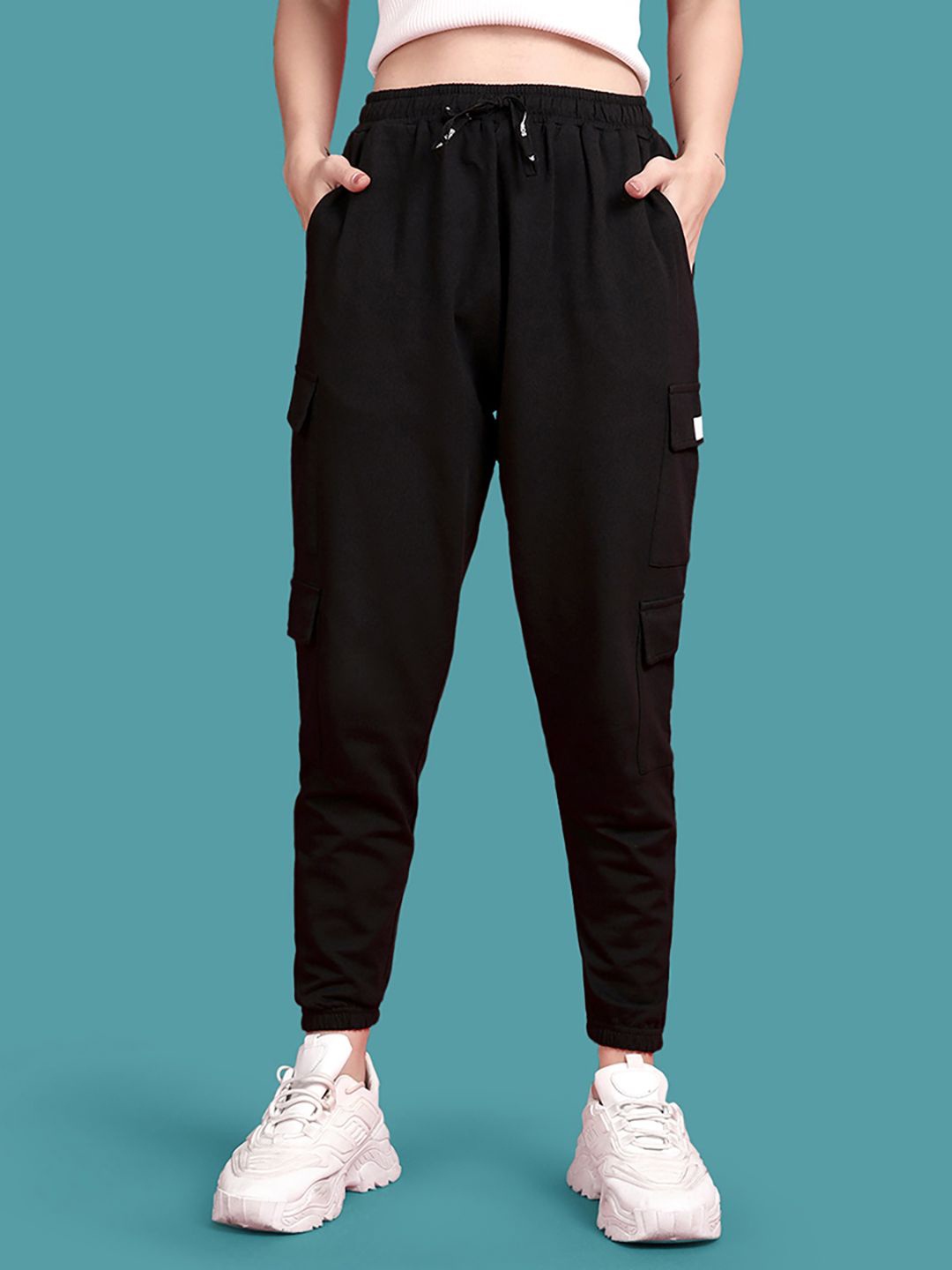 

TWIN BIRDS Women's Cotton Black Baggy Fit Joggers with Adjustable Fit and Cargo Pockets