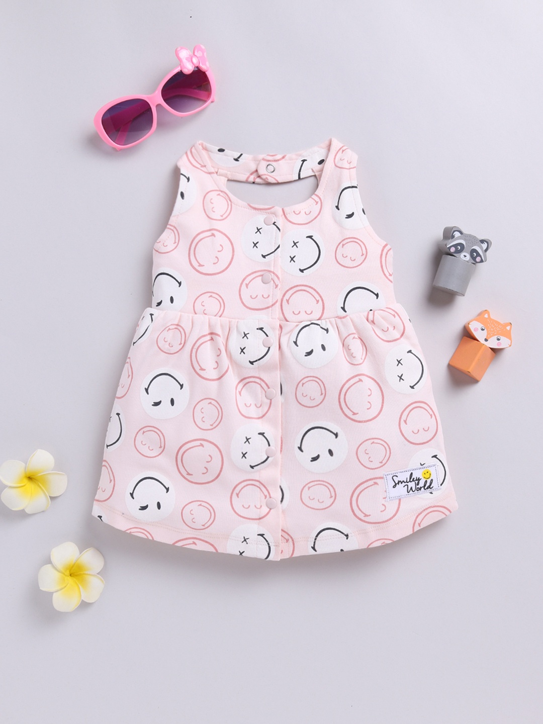 

Moms Love Girls Printed Smiley Pure Cotton Fit & Flare Dress, Peach