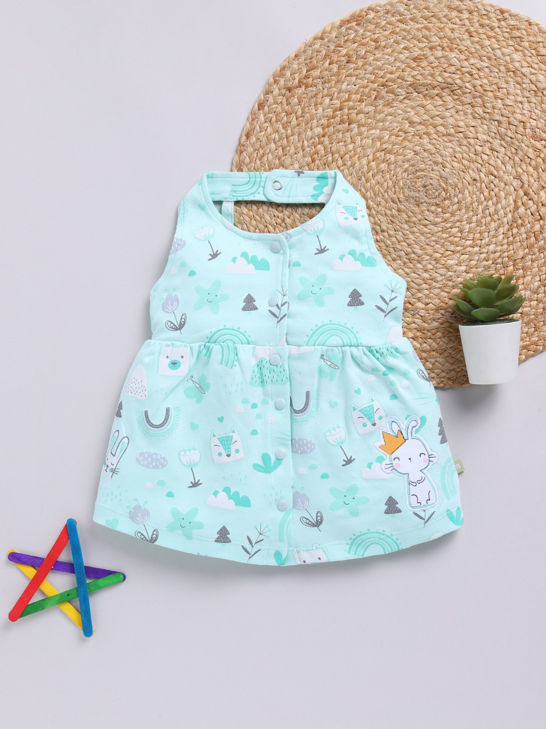 

Moms Love Girls Printed Sweet Bunny Pure Cotton Fit & Flare Dress, Sea green