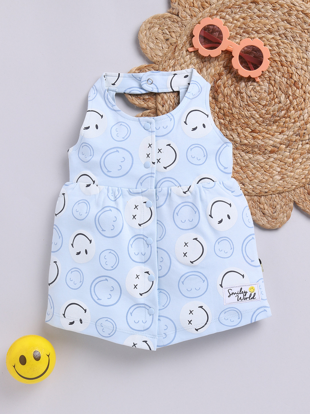 

Moms Love Girls Printed Smiley Pure Cotton Fit & Flare Dress, Blue