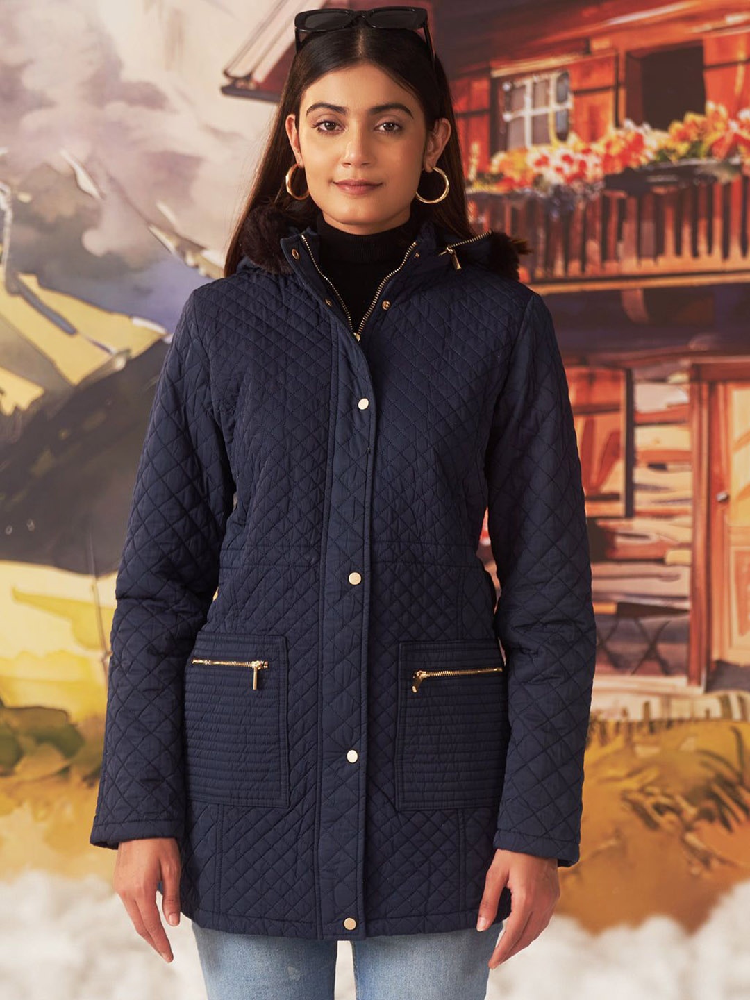 

Lakshita Women Hooded Solid Casual Quilted Water Resistant Jacket, Navy blue