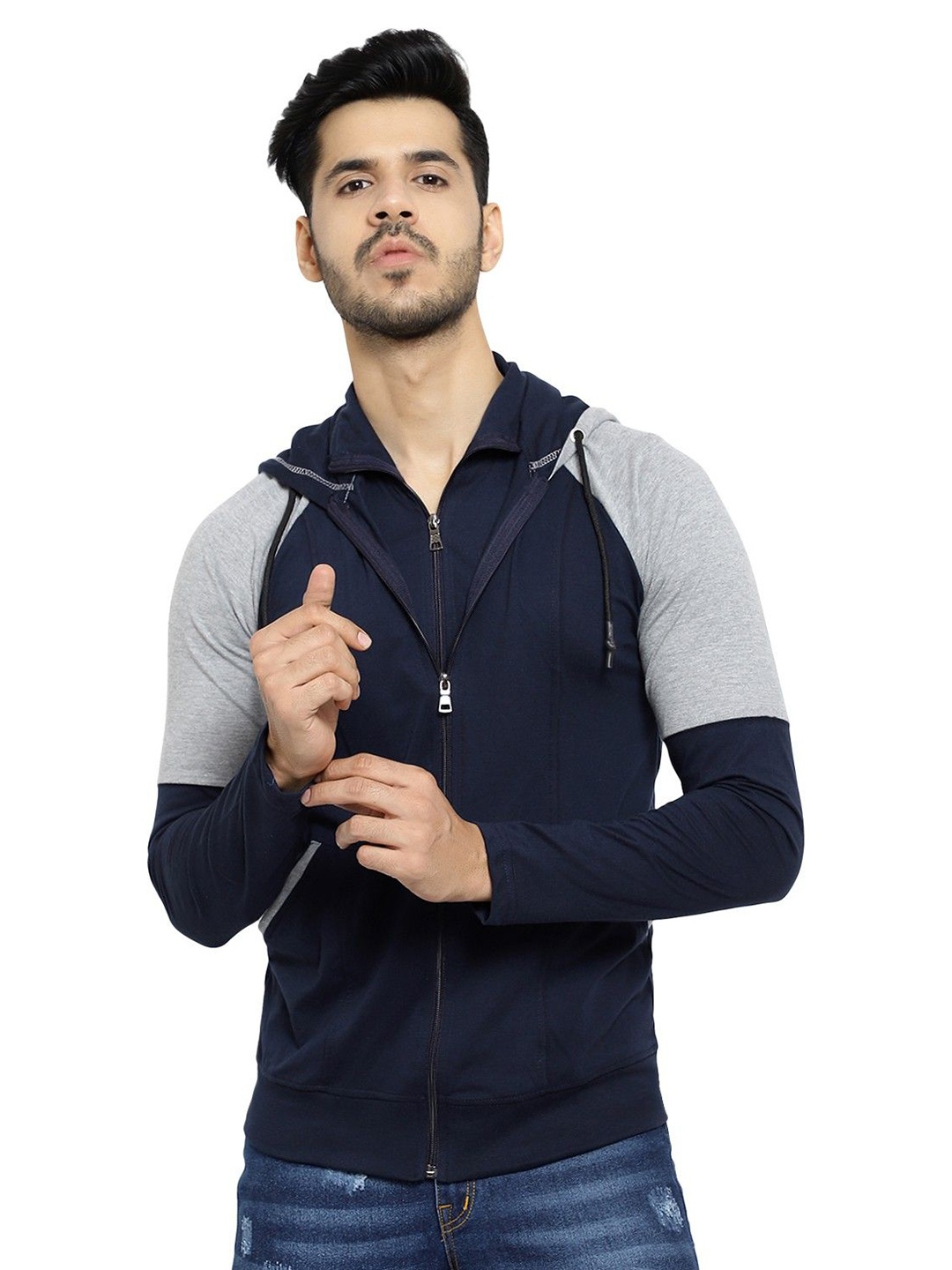 

Black Collection Men Colourblocked Hooded Tshirt, Navy blue