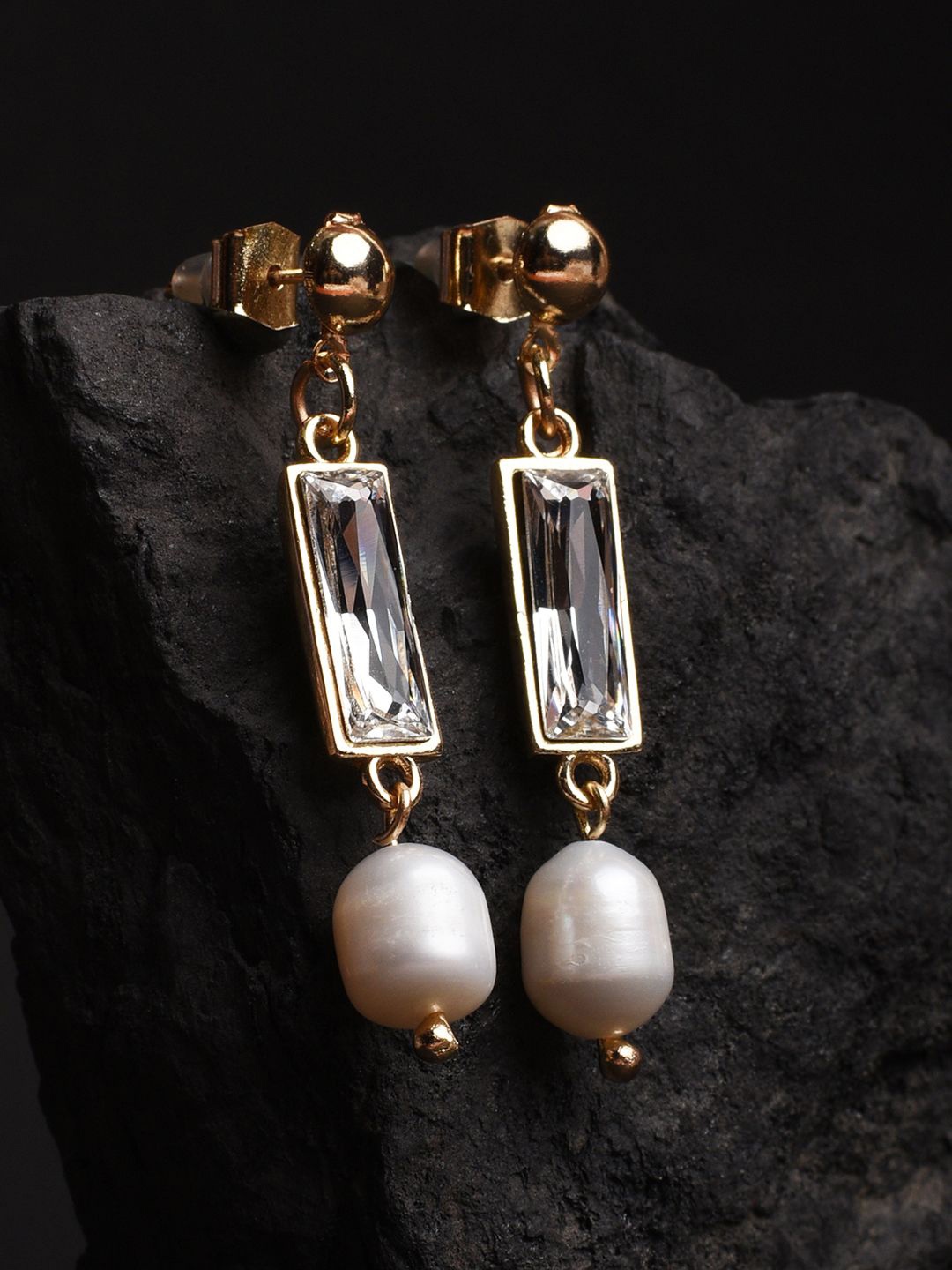 

XPNSV Gold-Plated Swarovski Crystal Studded And Pearl Beaded Square Drop Earrings