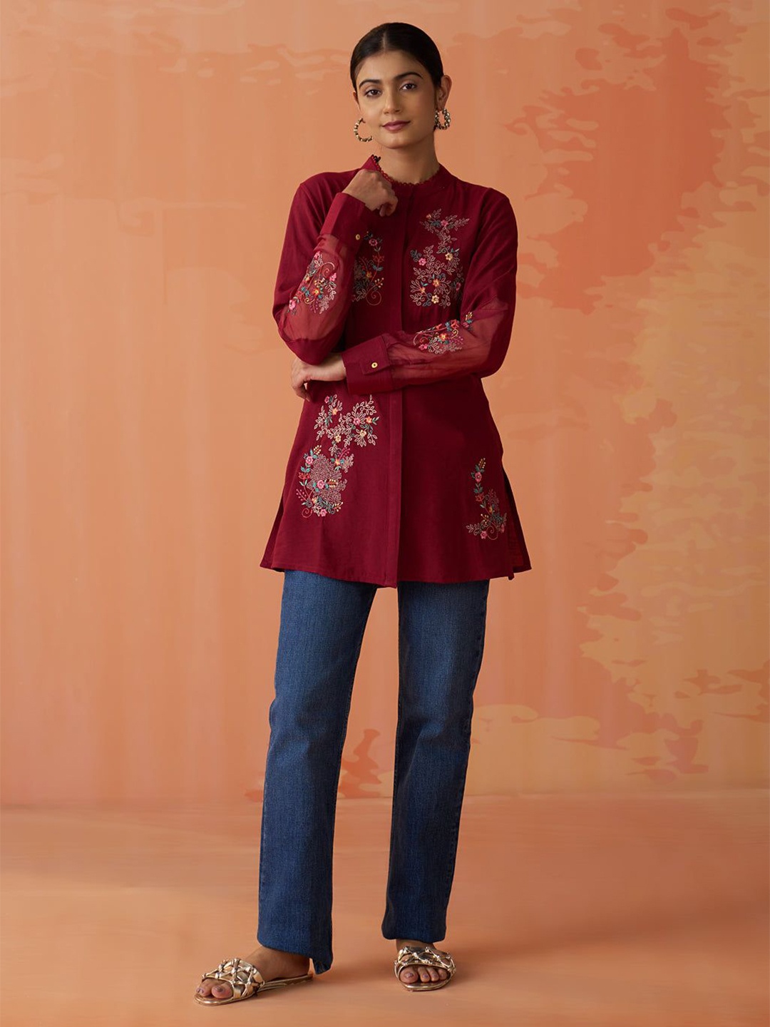 

Lakshita Women Classic Fit Mandarin Collar Floral Printed Casual Shirt, Maroon