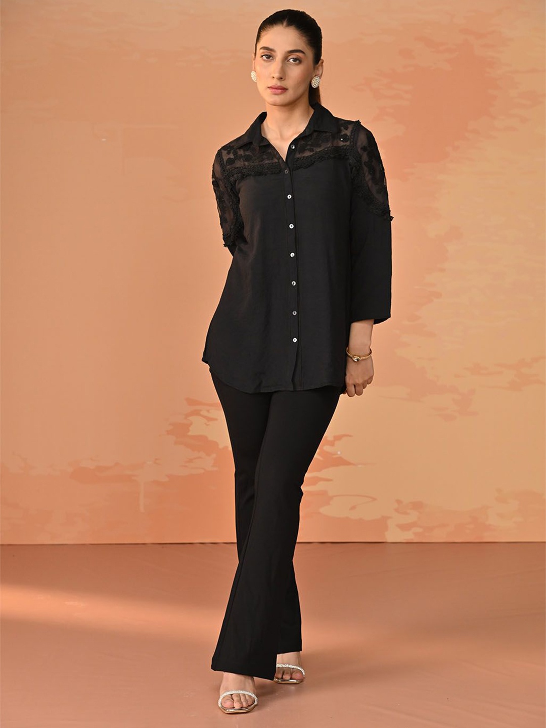 

Lakshita Women Classic Fit Spread Collar Textured Casual Shirt, Black