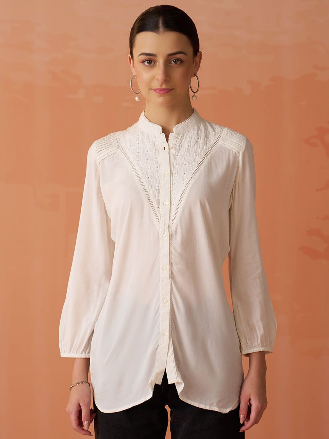 

Lakshita Women Classic Fit Mandarin Collar Textured Casual Shirt, Off white