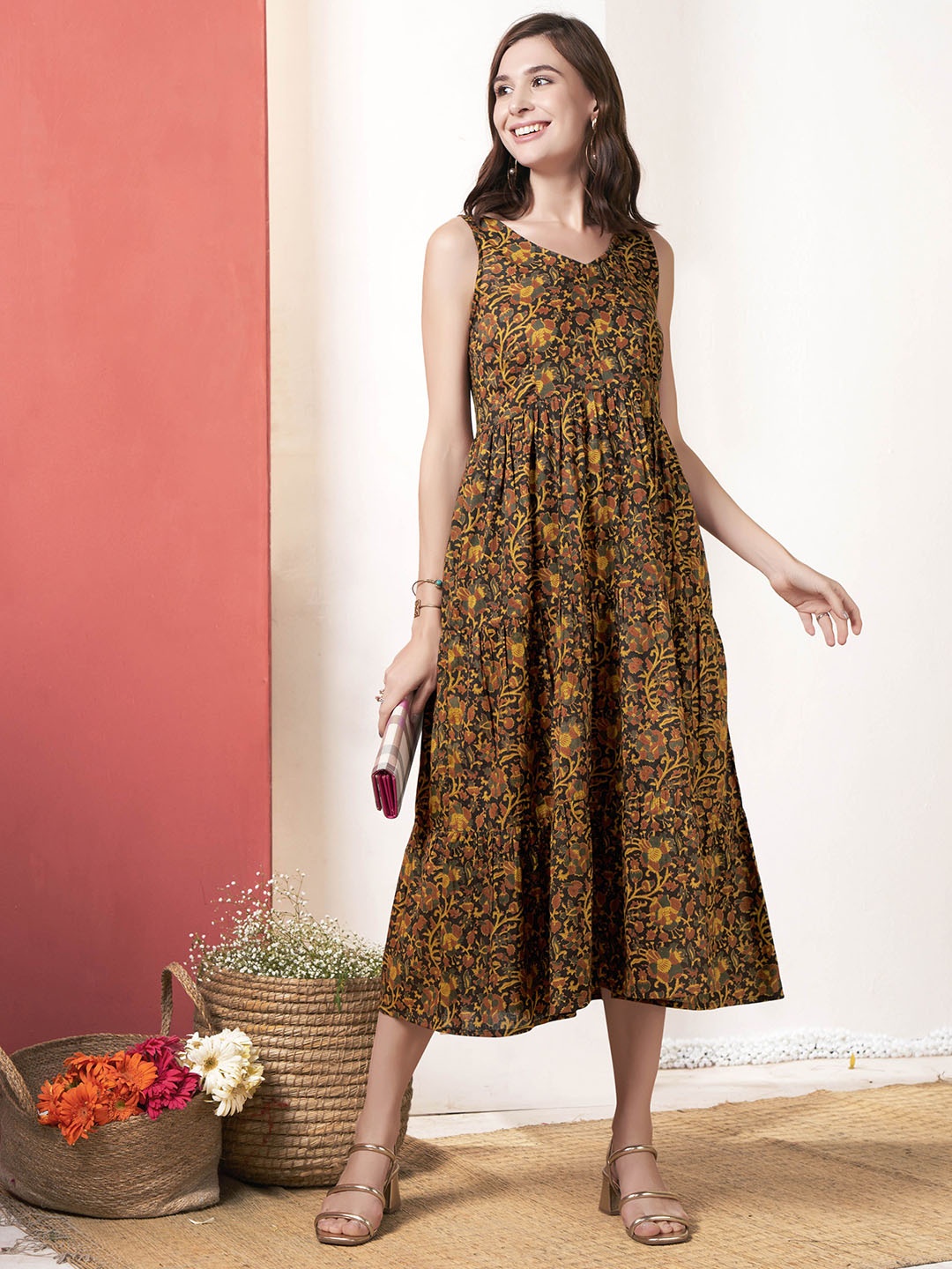 

Anouk Women Ethnic Motifs Printed Cotton Fit & Flare Midi Dress, Brown