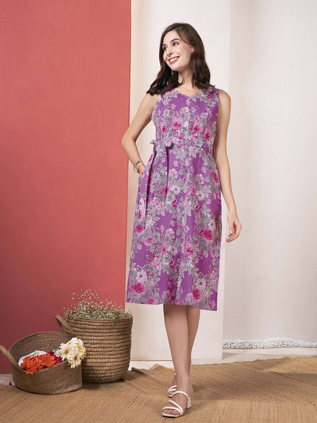 

Anouk Women Floral Printed A-Line Midi Dress, Purple