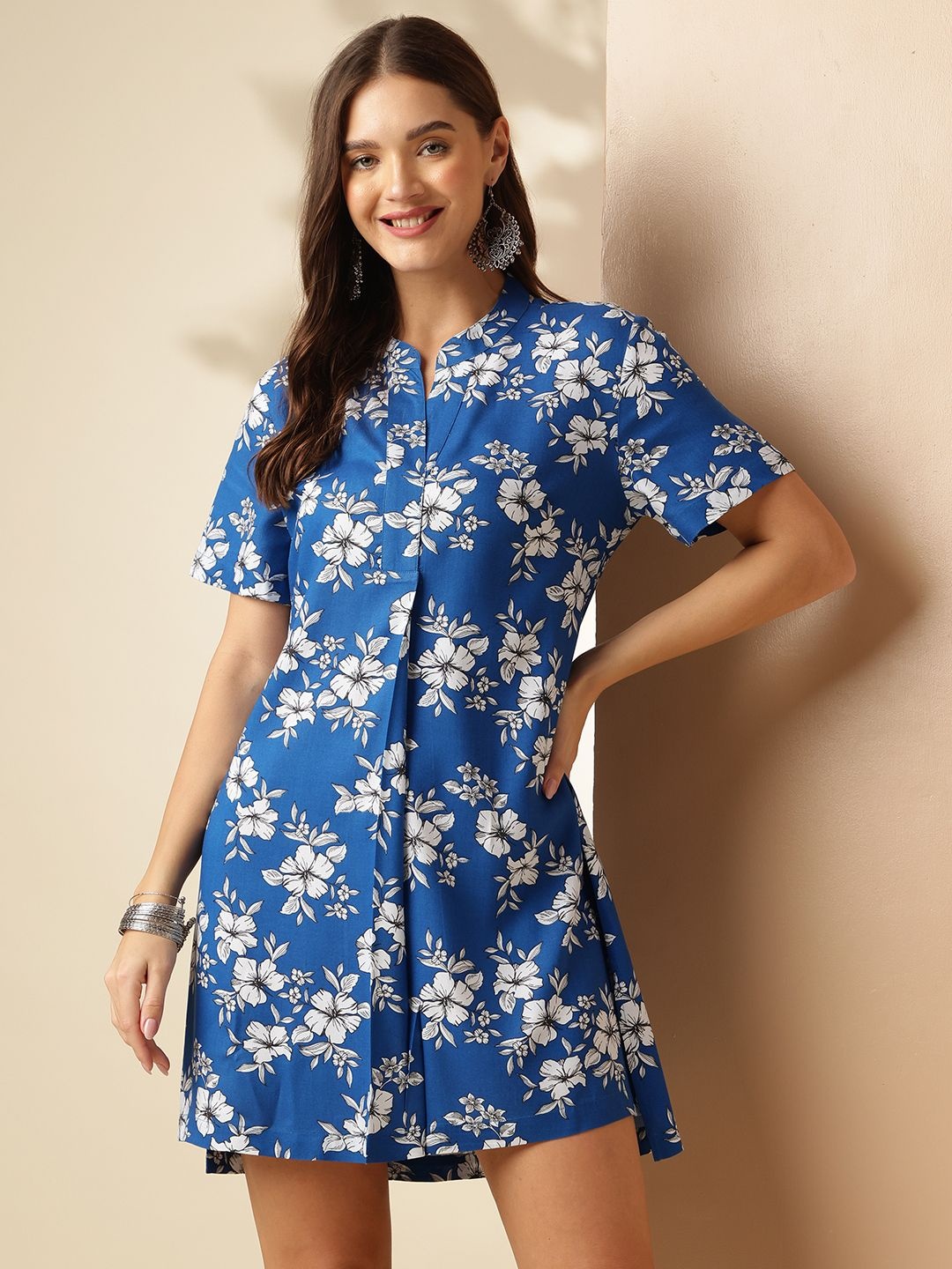 

Anouk Women Floral Printed A-Line Above Knee Dress, Blue