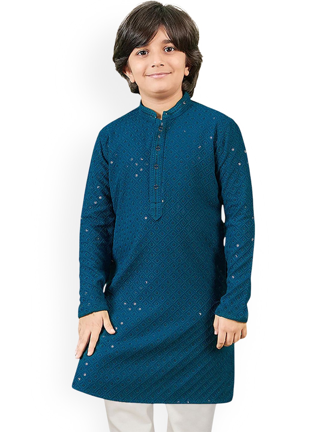 

SG YUVRAJ Boys Sequinned Mandarin Collar Straight Kurta, Turquoise blue