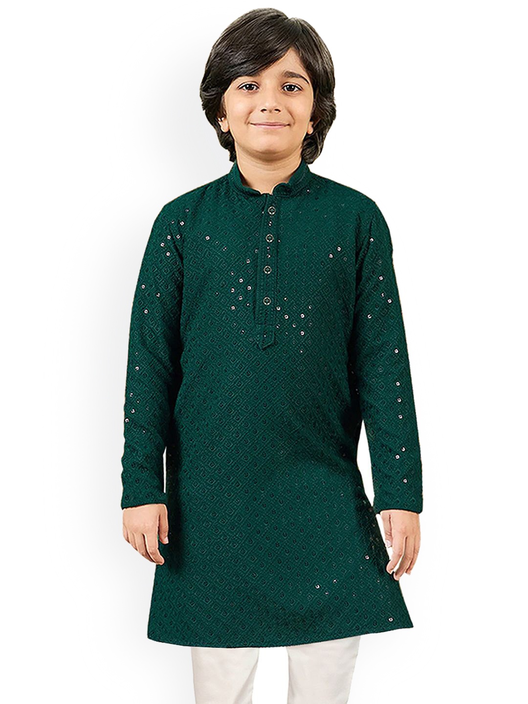 

SG YUVRAJ Boys Sequinned Mandarin Collar Straight Kurta, Green