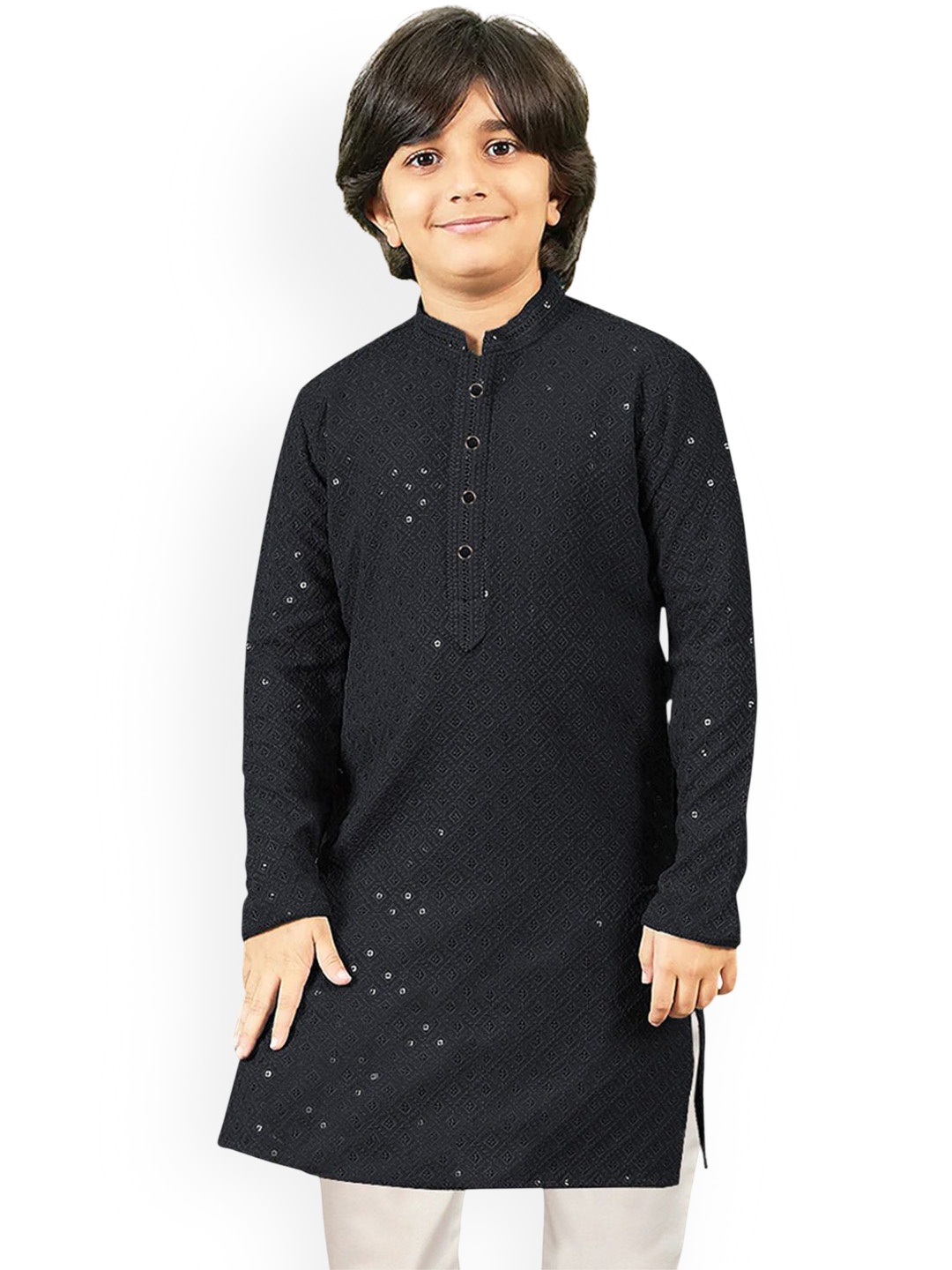 

SG YUVRAJ Boys Sequinned Mandarin Collar Straight Kurta, Black