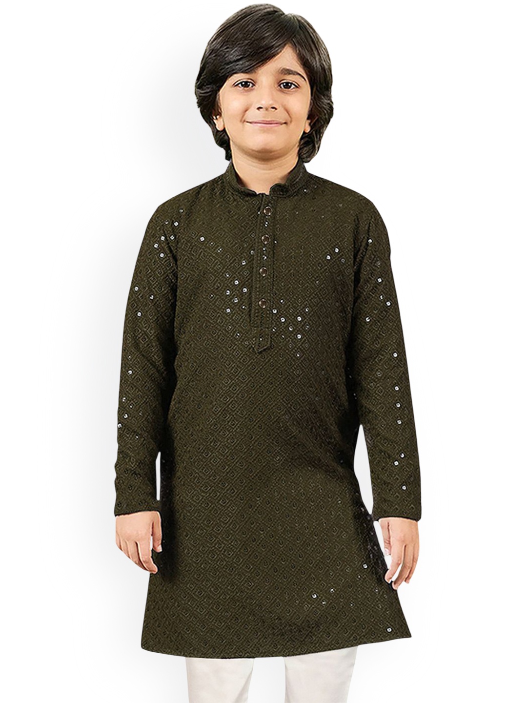 

SG YUVRAJ Boys Sequinned Mandarin Collar Straight Kurta, Olive