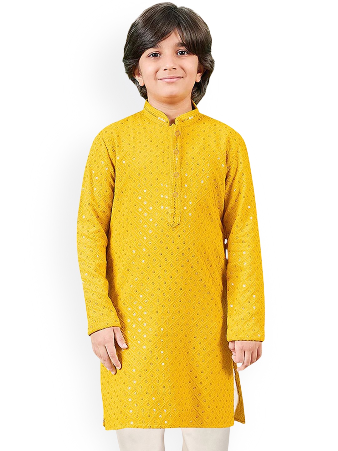 

SG YUVRAJ Boys Woven Design Embroidered Sequinned Mandarin Collar Kurta, Mustard