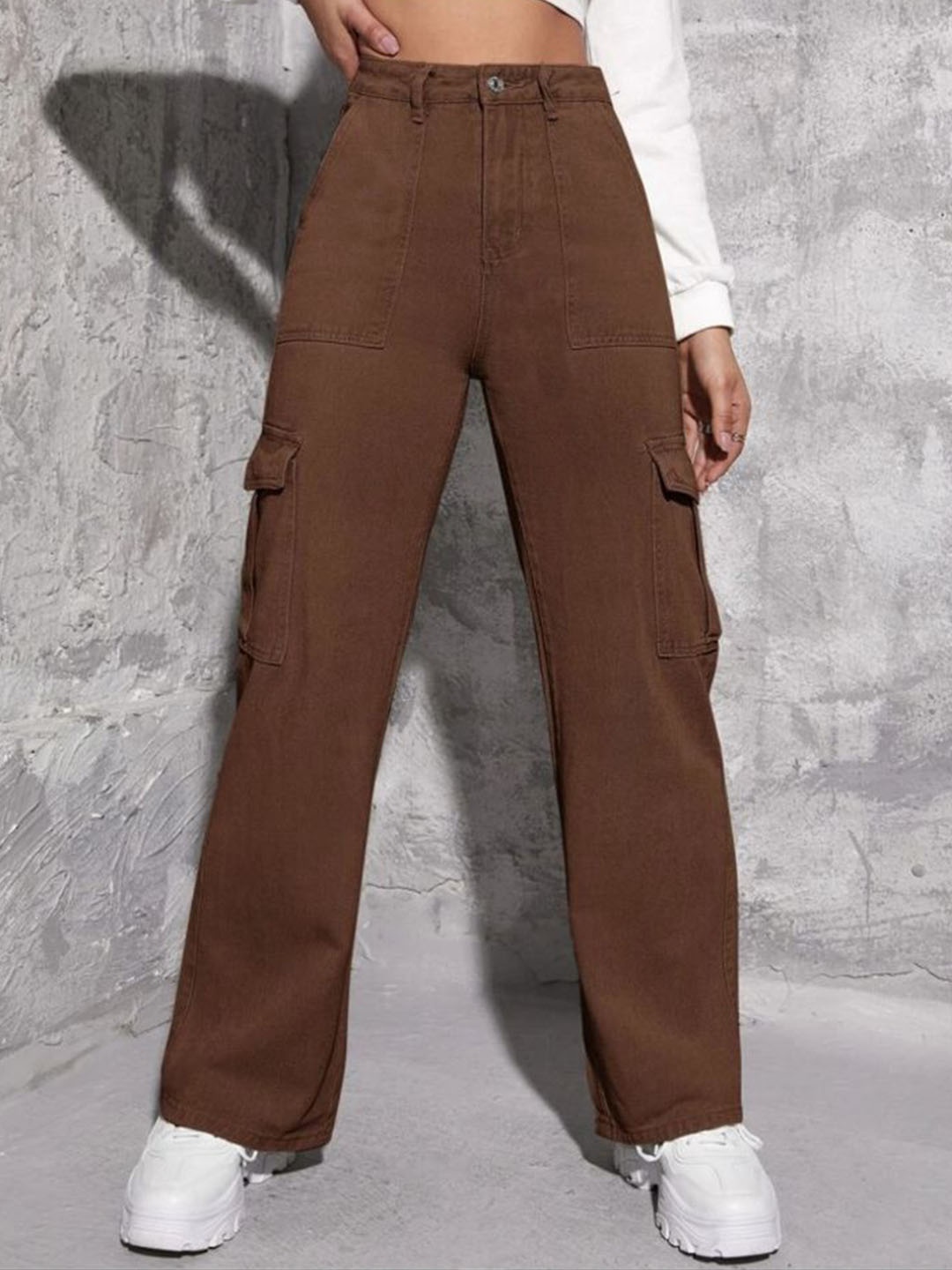 

KATECLO Women Regular Fit High-Rise Cargo Styles Jeans, Coffee brown