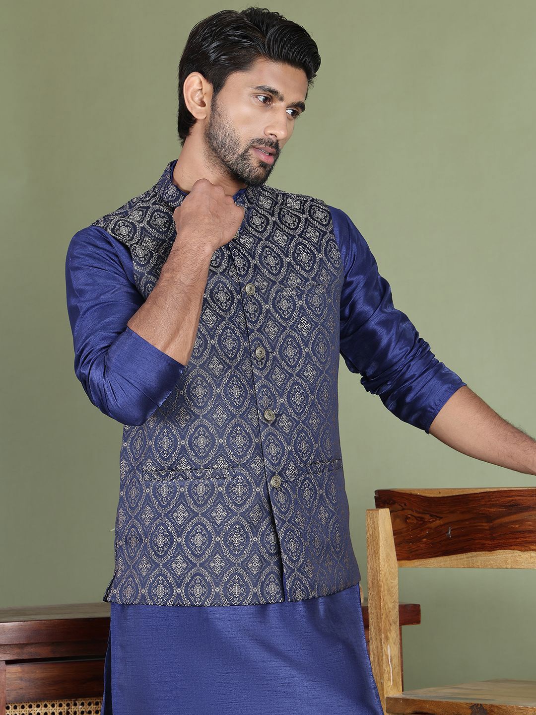 

Jompers Woven Design Nehru Jacket, Navy blue