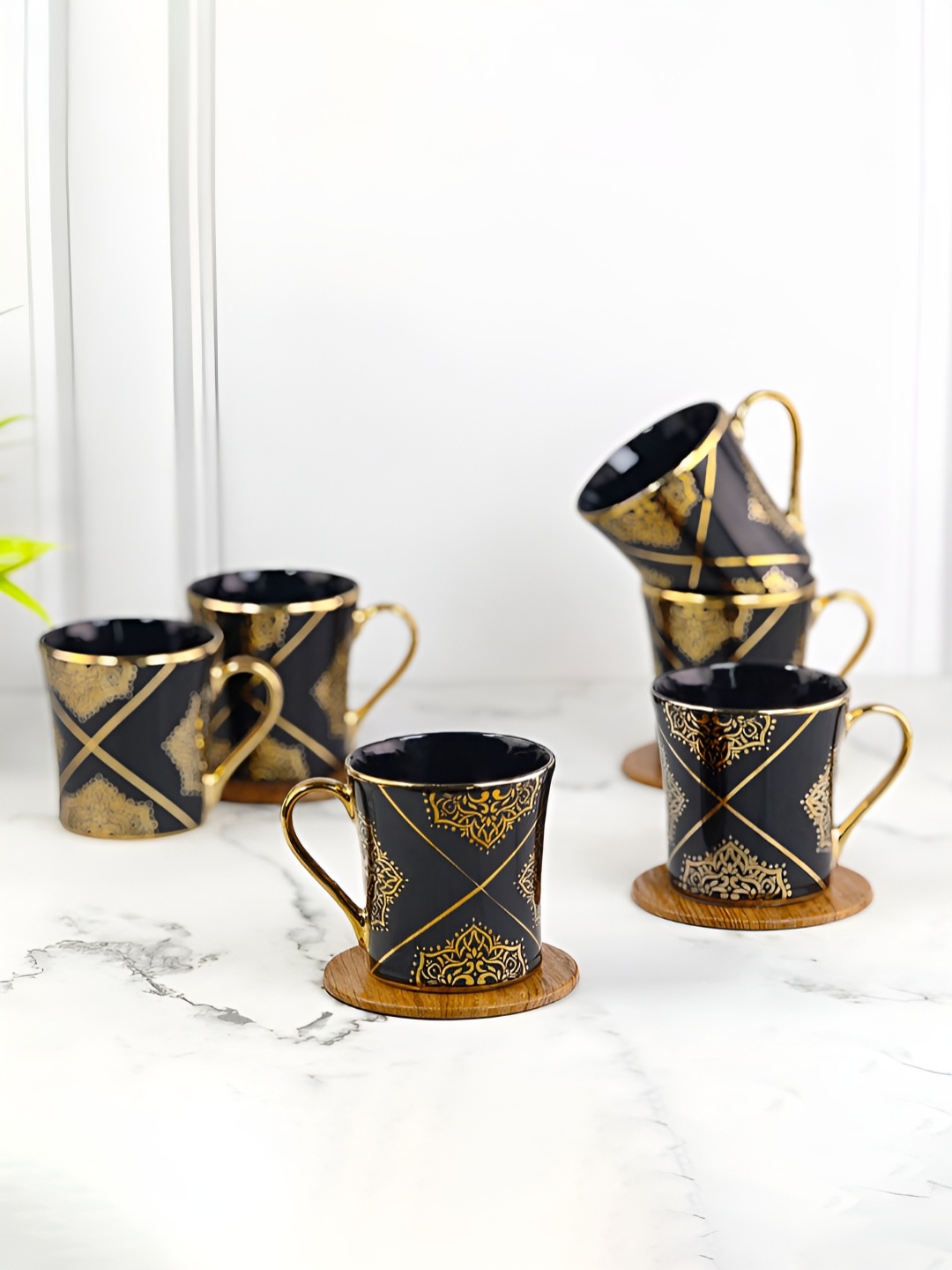 

UPC Black & Gold-Toned 6 Pieces Ethnic Motifs Printed Ceramic Glossy Cups
