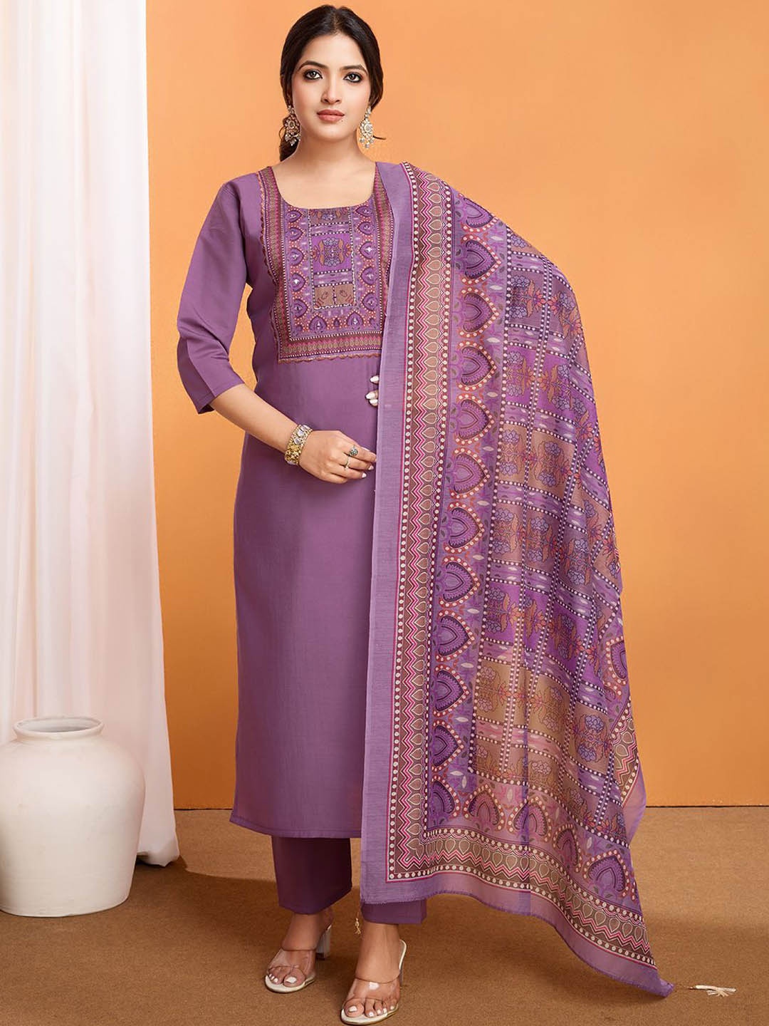 

LeeliPeeri Designer Floral Embroidered Straight Kurta Roman Silk with Trousers And Dupatta, Purple