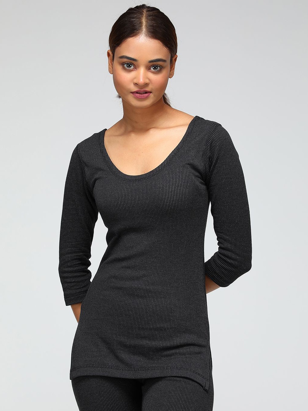 SPORTO Striped Round Neck Thermal set, Black