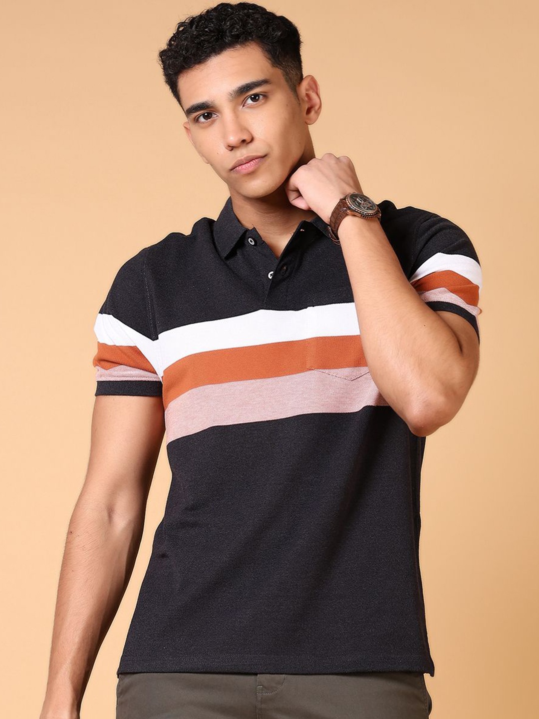 

V-Mart Men Colourblocked Polo Collar Cotton T-shirt, Charcoal