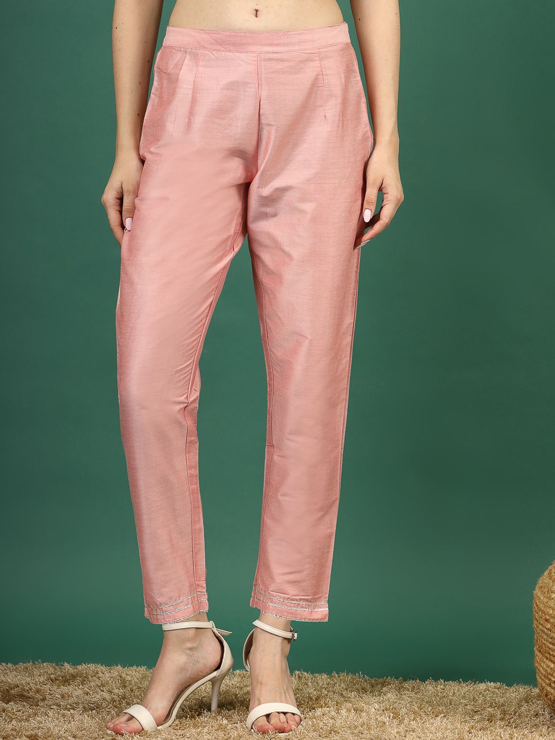 

Sangria Mid Rise Partially Elasticated Trousers, Pink