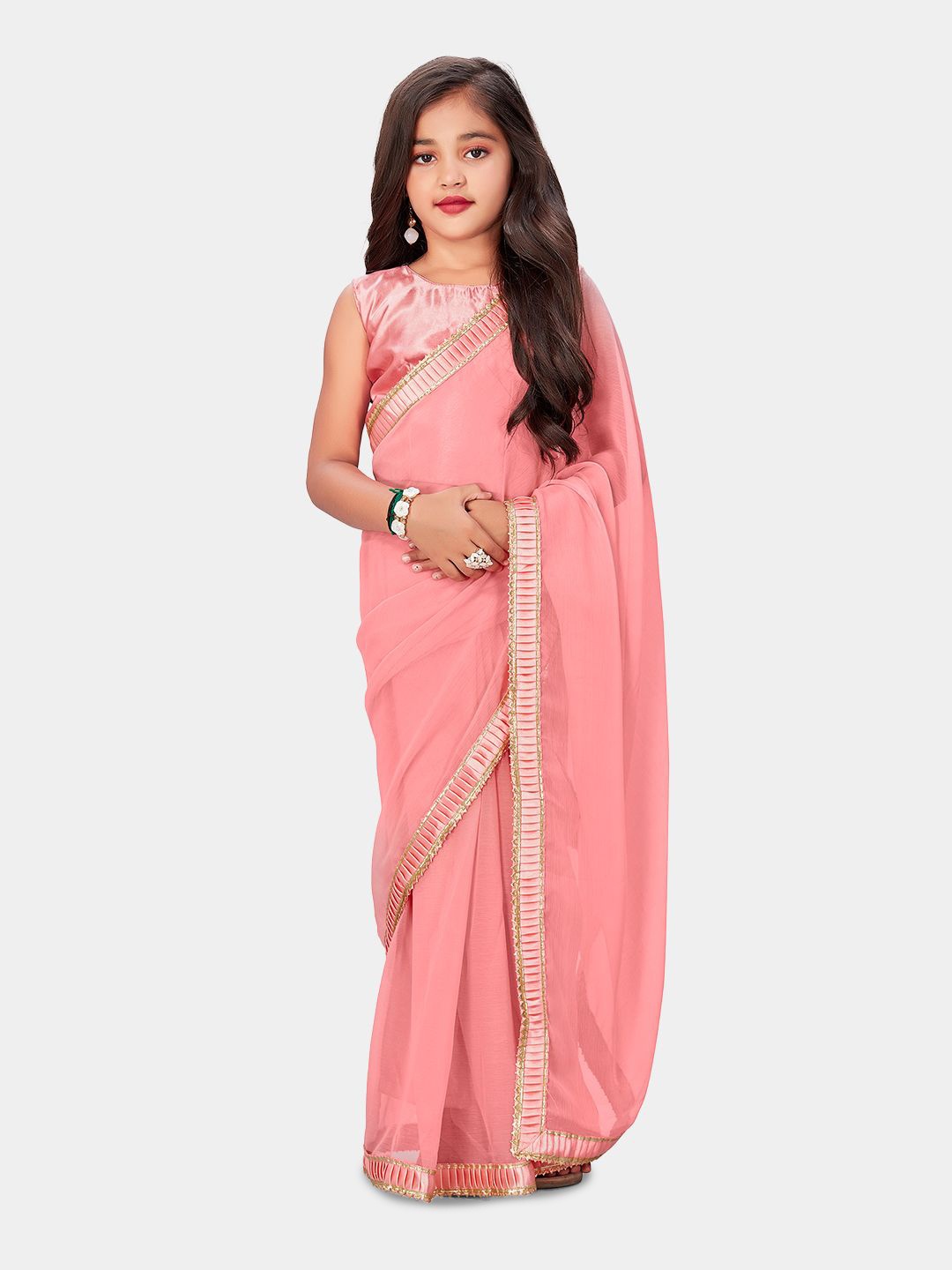 

LOOKS AND LIKES Girls Zari Pure Georgette Ready to Wear Saree, Pink