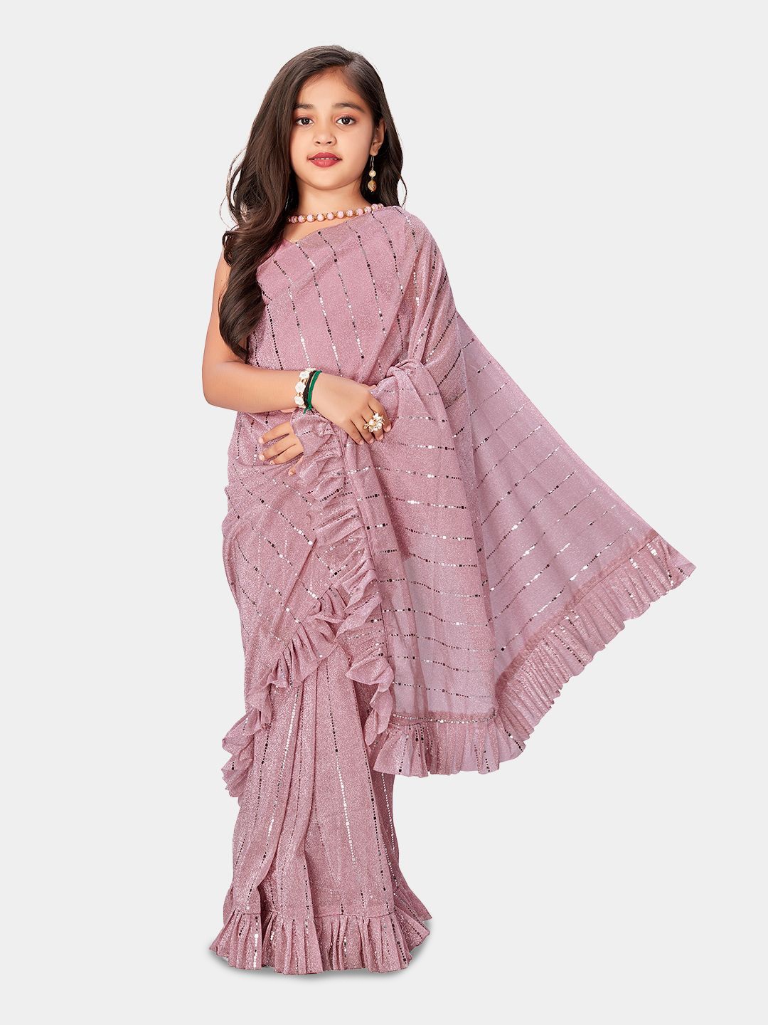 

LOOKS AND LIKES Girls Embellished Sequinned Ruffle Ready to Wear Saree, Rose gold