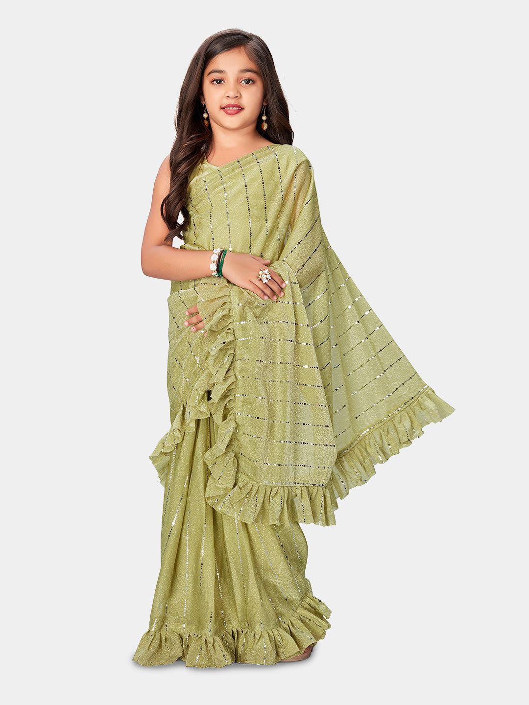 

LOOKS AND LIKES Girls Embellished Sequinned Ruffle Ready to Wear Saree, Lime green