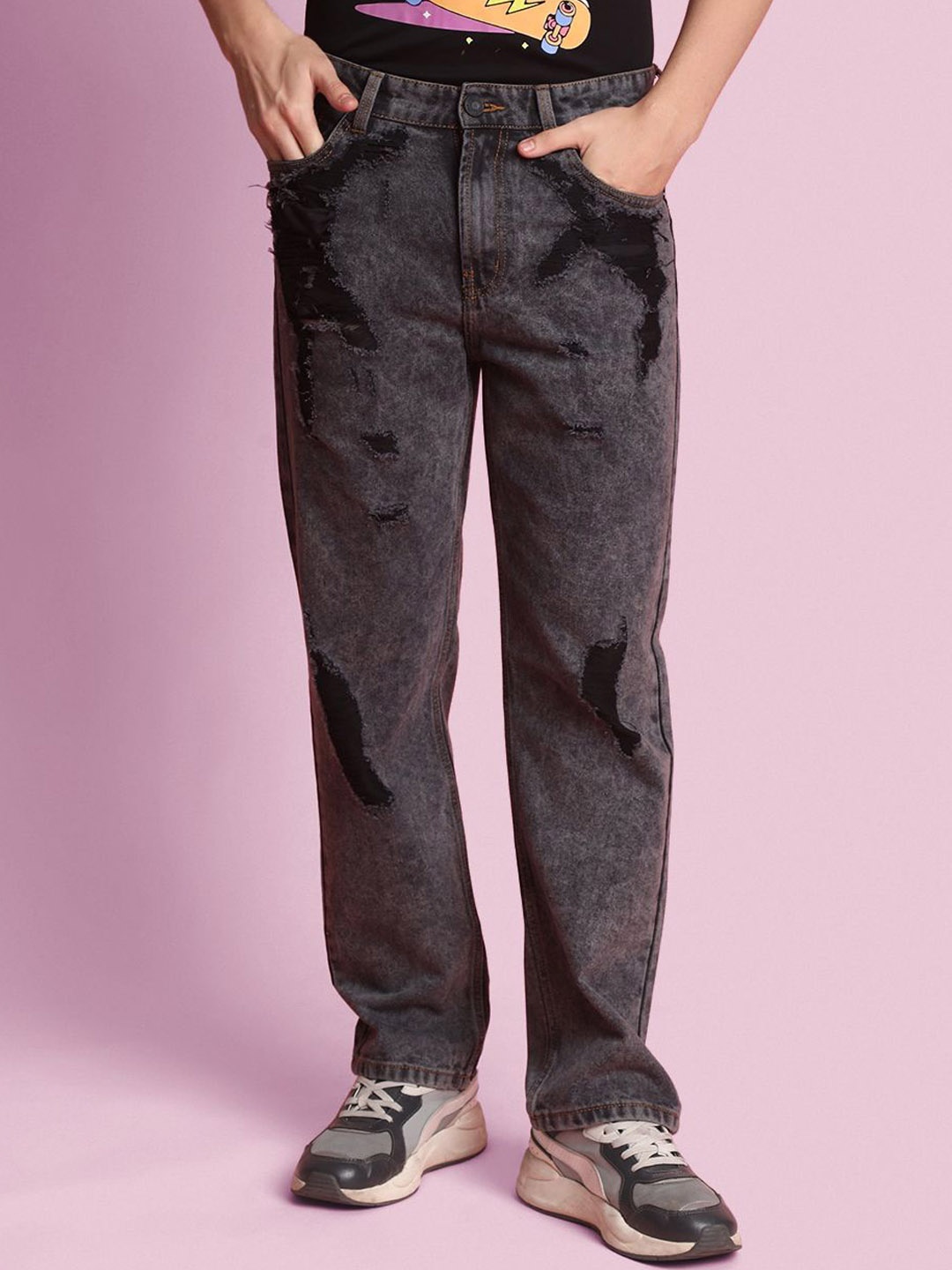 

Bene Kleed Men Straight Fit Distress Pure Cotton Jeans, Black