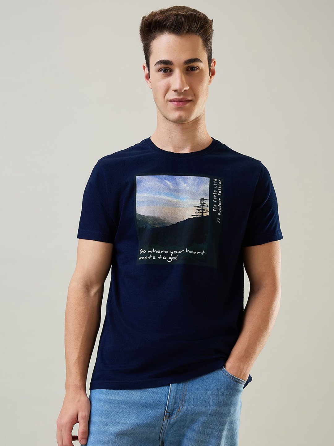 

TIM PARIS Men Graphic Printed Round Neck Cotton T-shirt, Blue
