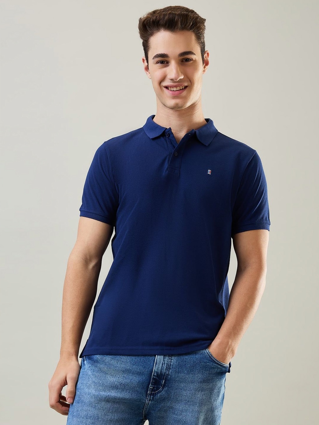 

TIM PARIS Men Solid Polo Collar Cotton T-shirt, Navy blue