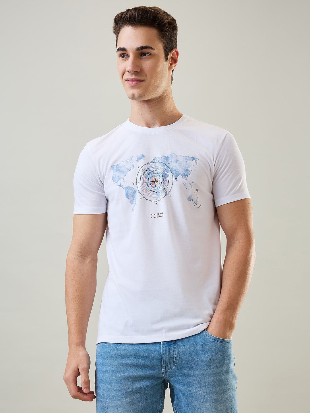 

TIM PARIS Men Graphic Printed Round Neck Cotton T-shirt, White