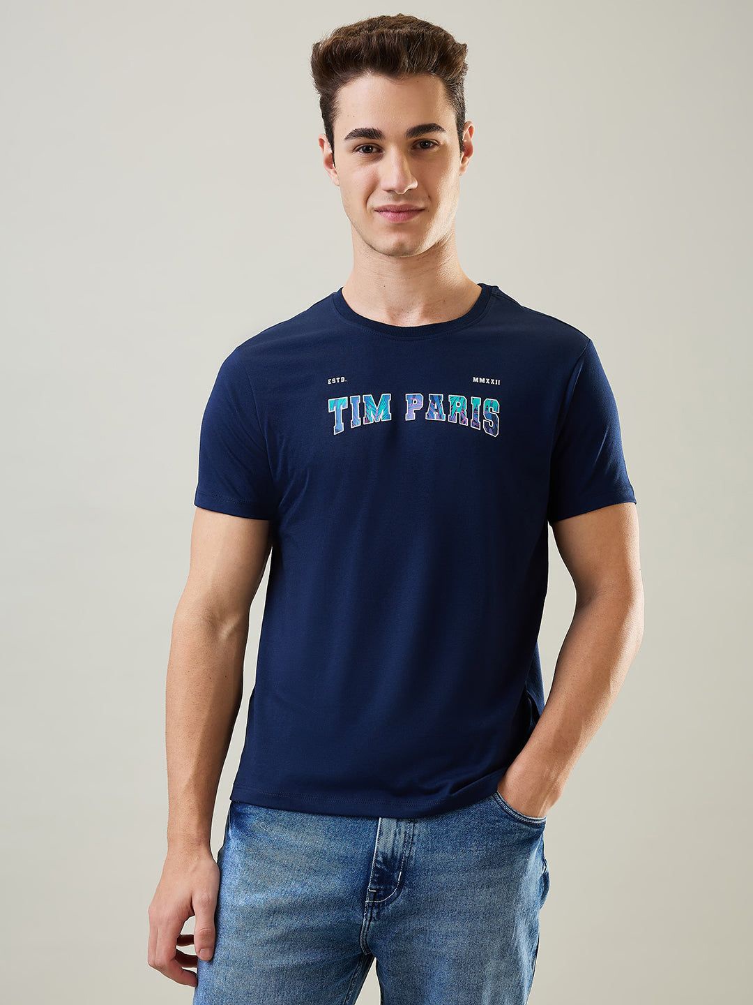 

TIM PARIS Men Typography Printed Round Neck Cotton T-shirt, Navy blue