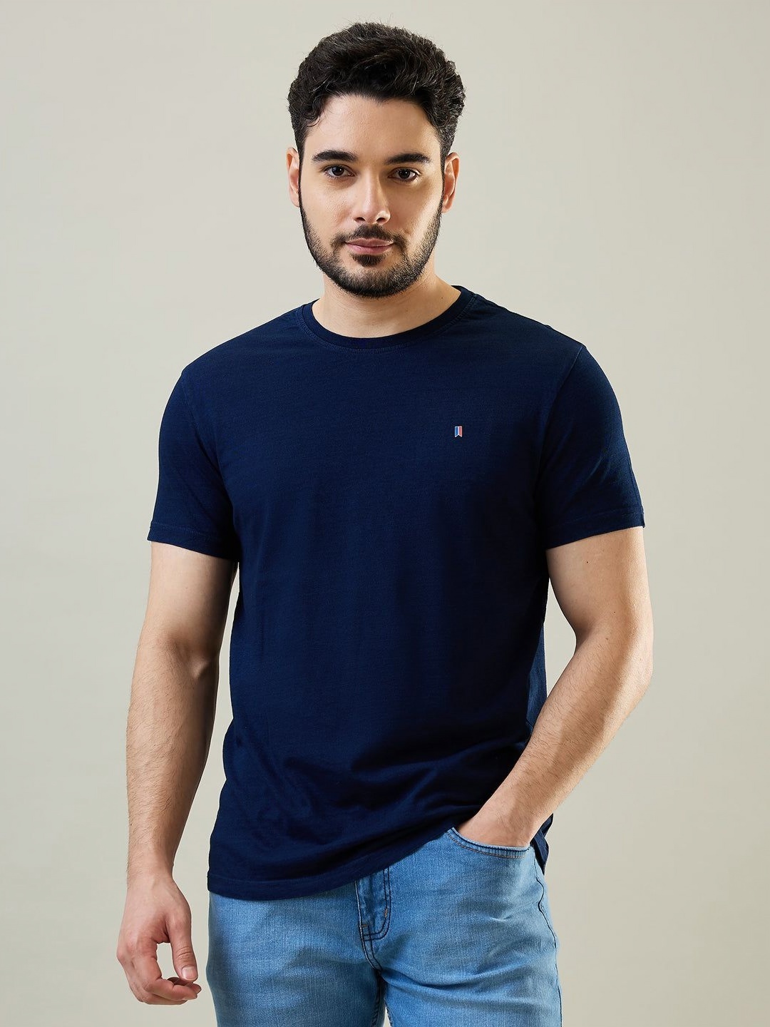 

TIM PARIS Men Solid Round Neck Cotton T-shirt, Navy blue
