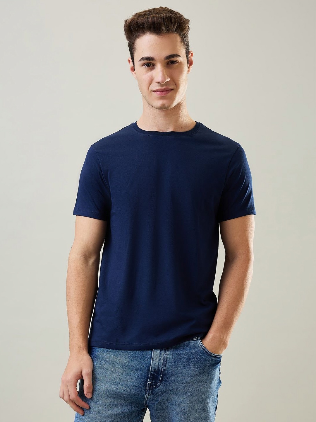 

TIM PARIS Men Solid Round Neck Cotton T-shirt, Navy blue