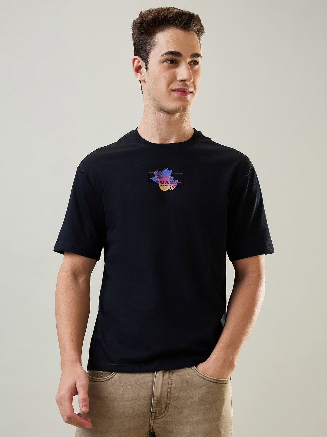 

TIM PARIS Men Graphic Printed Round Neck Cotton T-shirt, Black