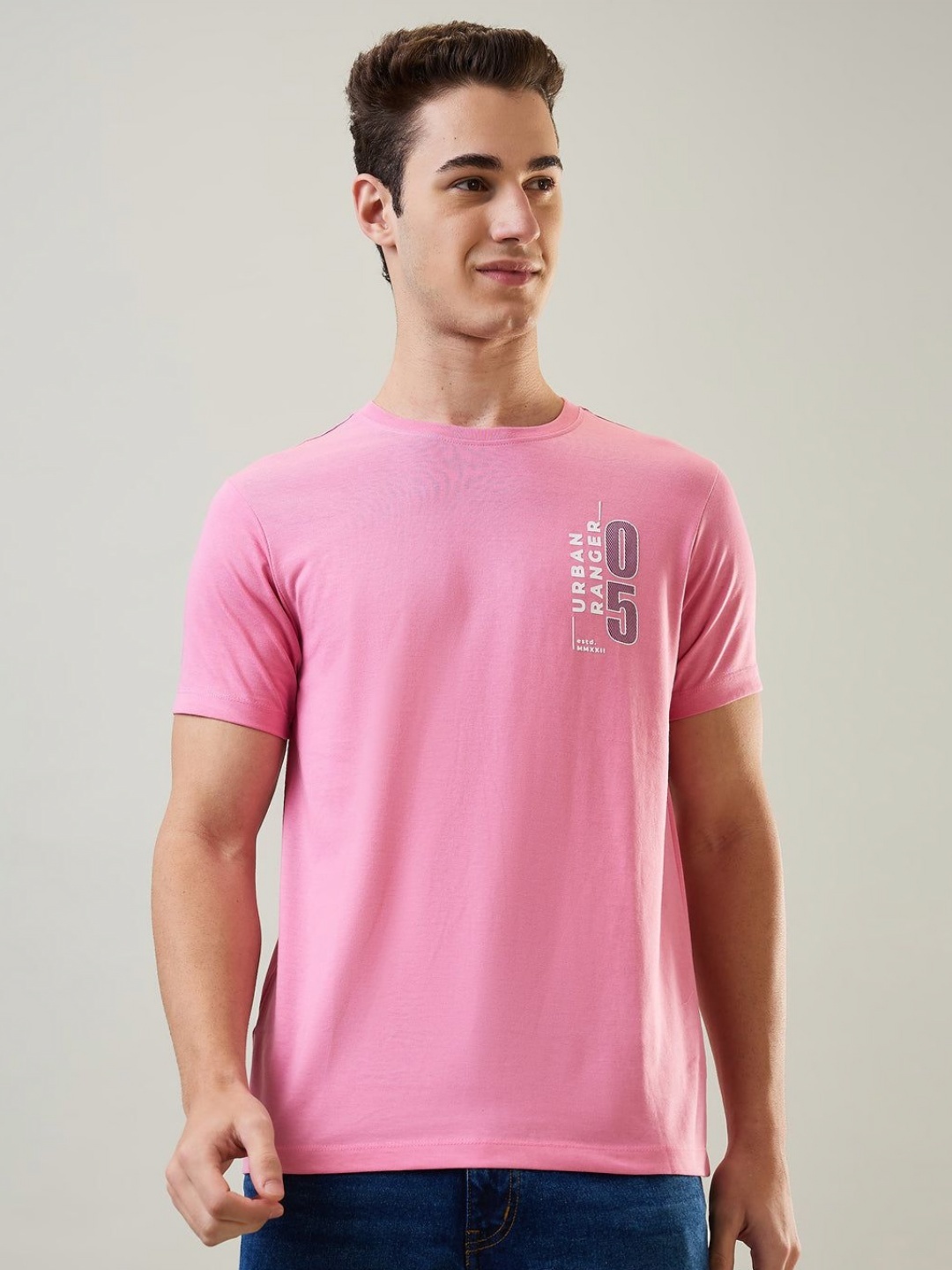 

TIM PARIS Men Typography Printed Round Neck Cotton T-shirt, Pink