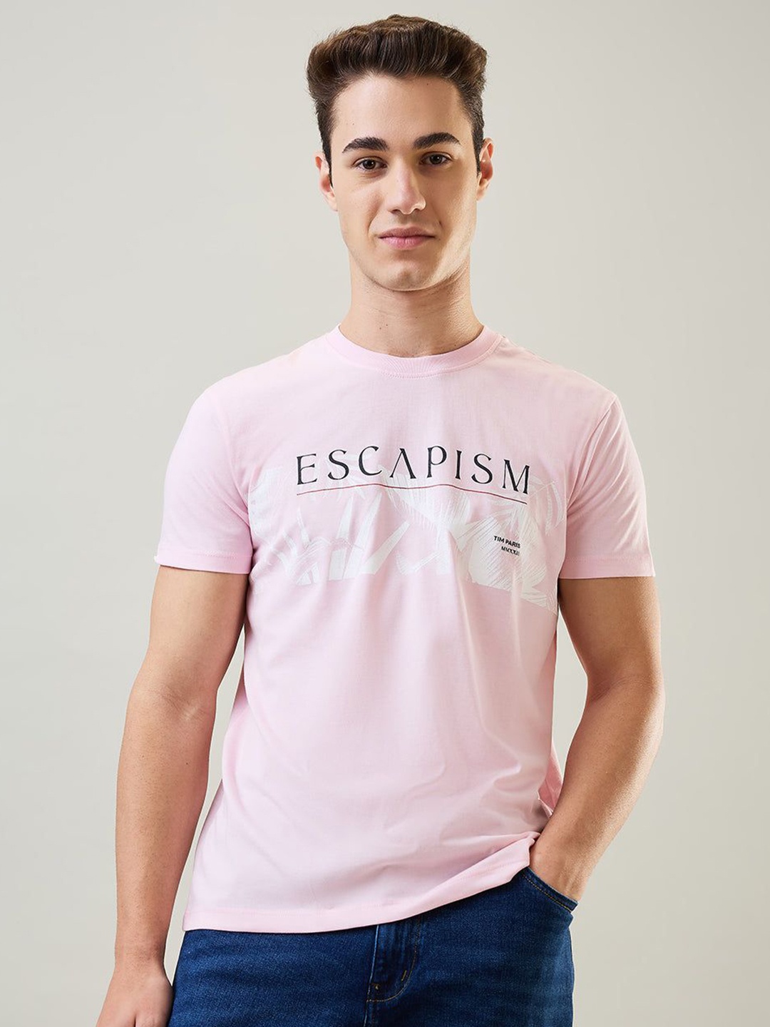 

TIM PARIS Men Typography Printed Round Neck Cotton T-shirt, Pink
