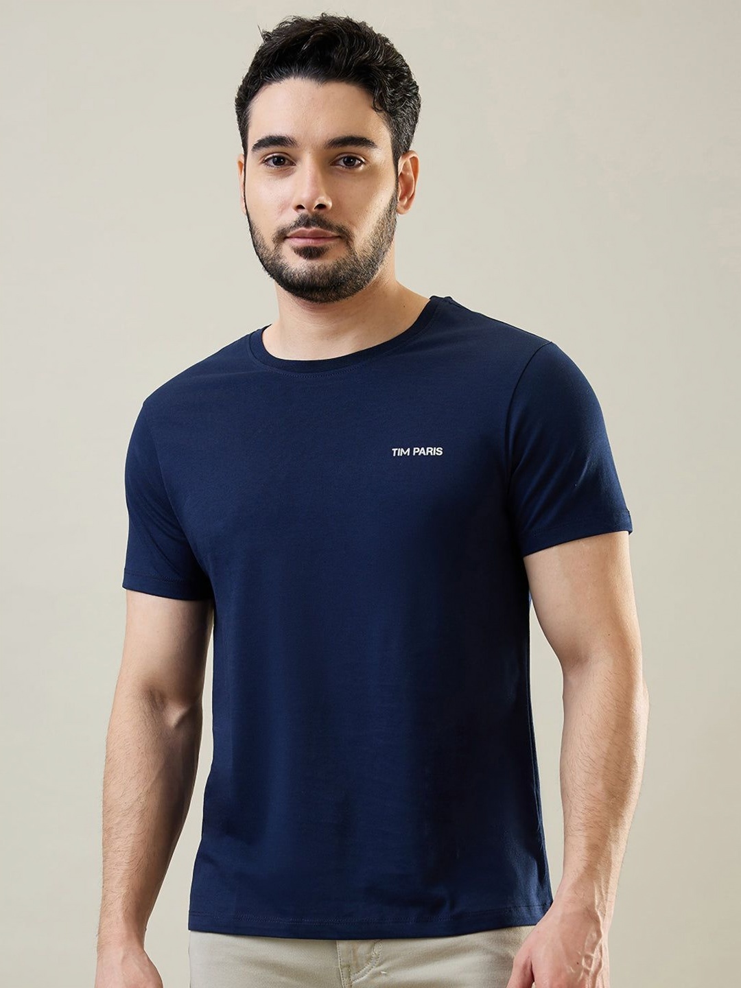 

TIM PARIS Men Solid Round Neck Cotton T-shirt, Blue