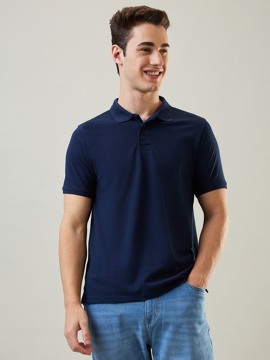 

TIM PARIS Men Solid Polo Collar Cotton T-shirt, Navy blue