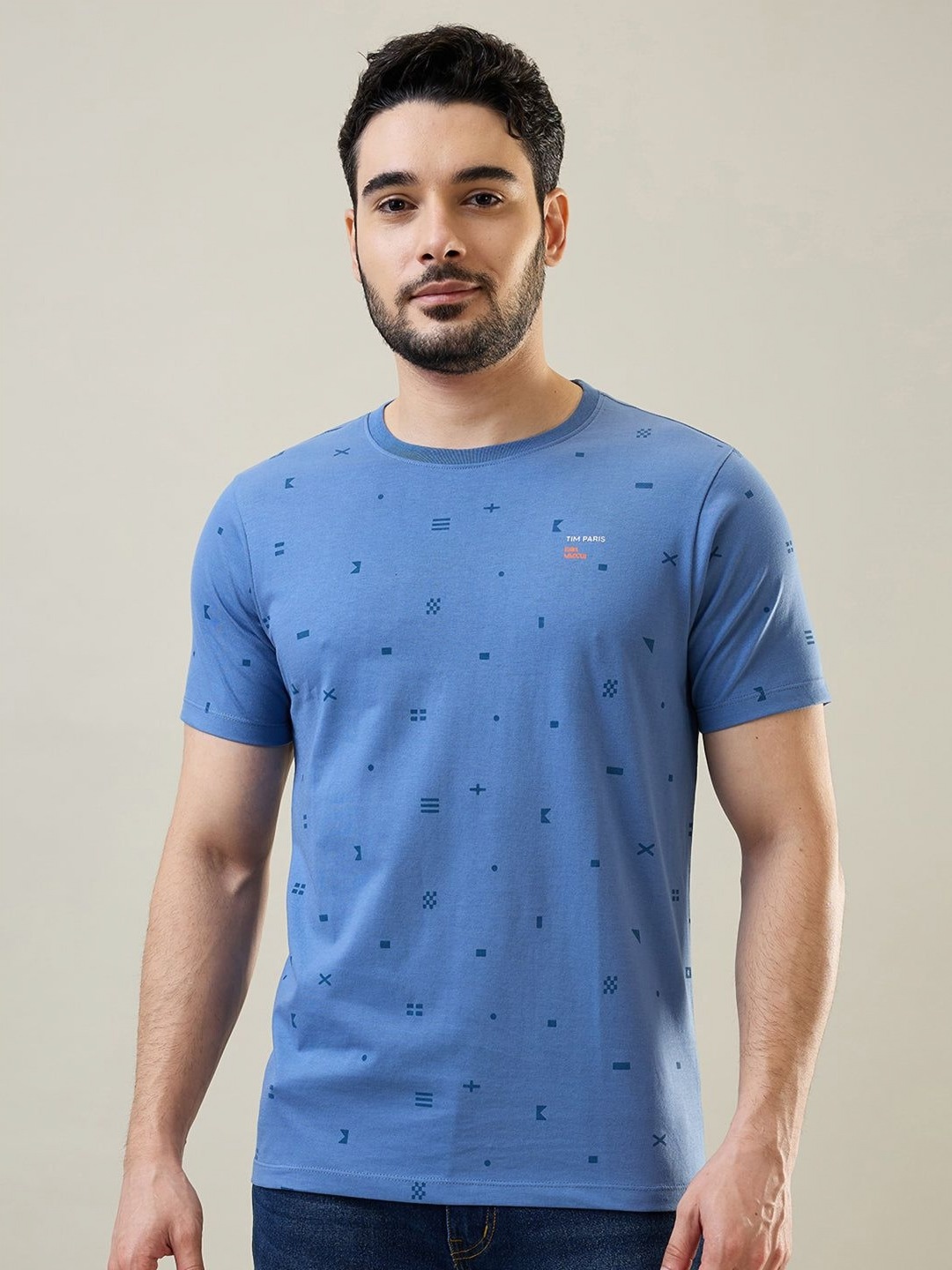 

TIM PARIS Men Geometric Printed Round Neck Cotton T-shirt, Blue