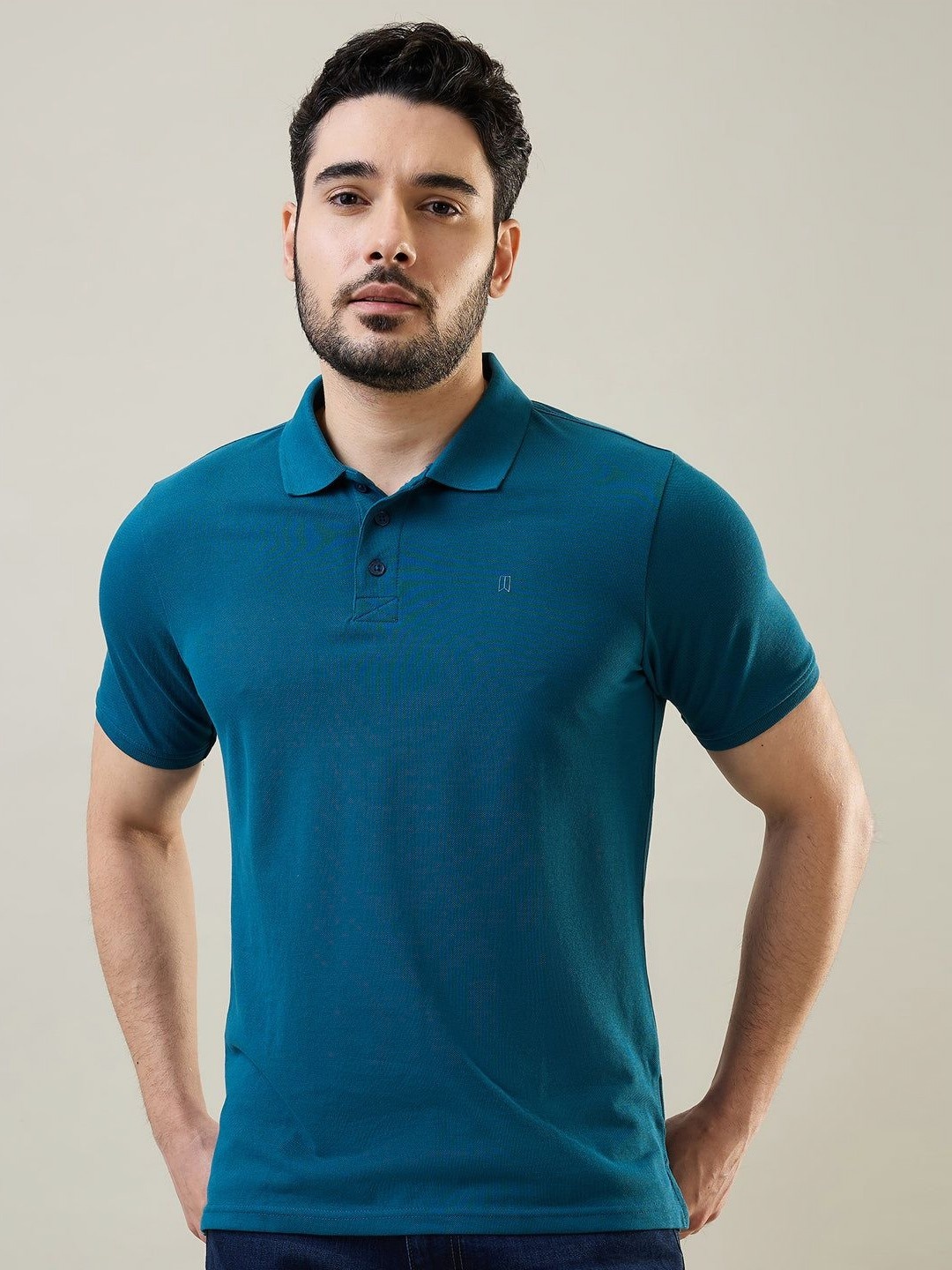 

TIM PARIS Men Solid Polo Collar Cotton T-shirt, Teal