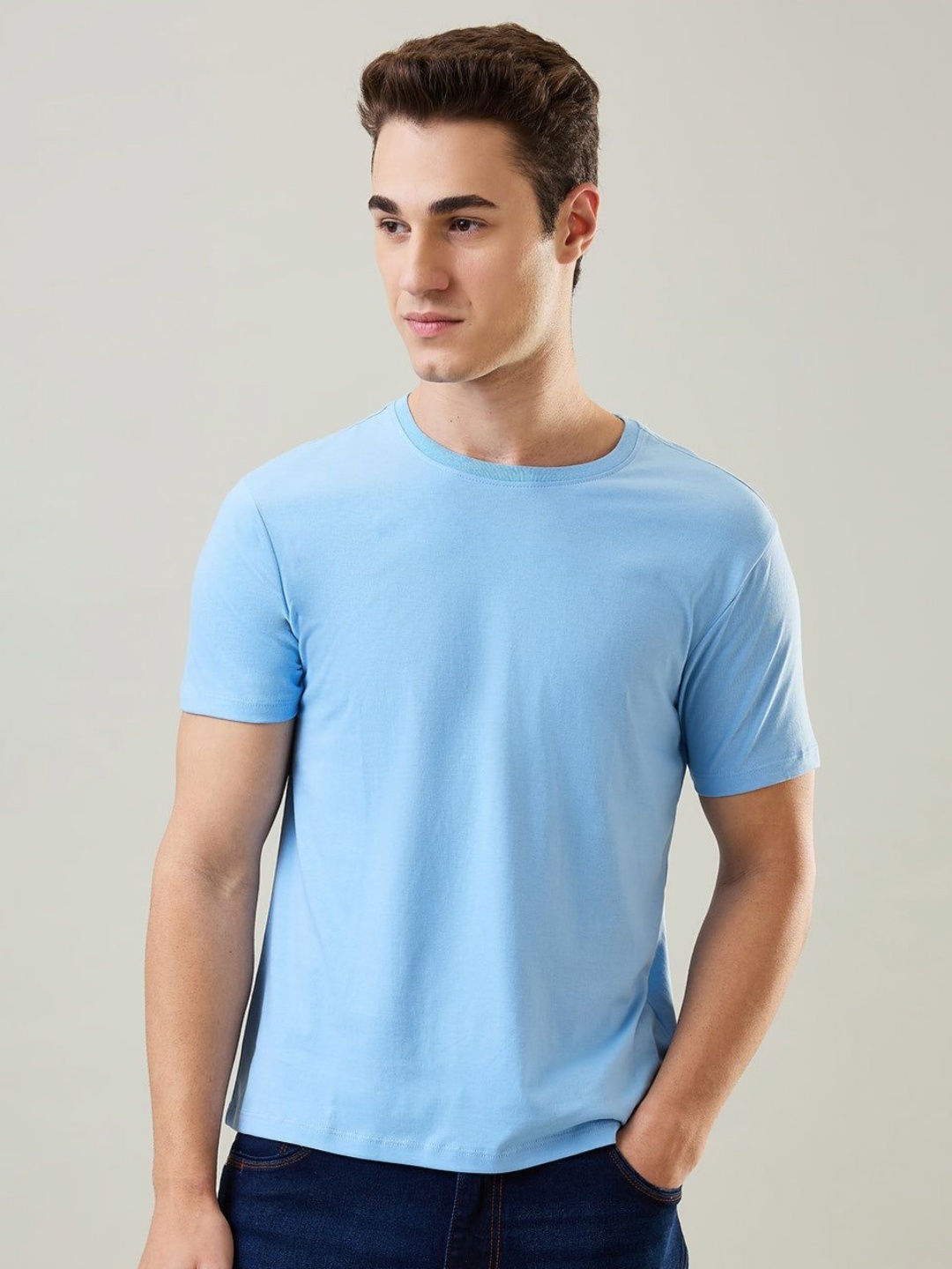 

TIM PARIS Men Solid Round Neck Cotton T-shirt, Blue